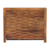 Rustic amber wavefront cabinet with two wooden drawers featuring a wavy textured pattern and brass handles