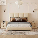 Cream-colored upholstered ambrose double bed with tufted headboard footboard and dark wooden legs for queen bed use