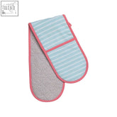 Pastel blue and pink striped double oven glove with a dotted gray interior perfect for handling hot dishes