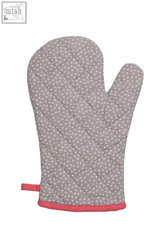 Gray quilted single oven glove with white polka dots and pink trim perfect for safe oven handling
