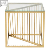 Amella end table with gold finish metal frame and clear glass top featuring a diagonal slat design glass end table