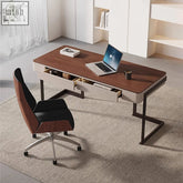 Amir office desk with sleek white drawers black metal legs modern wooden design in cream and walnut finish