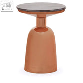 Copper-toned amira black marble side table with round dark gray black marble top and sturdy pedestal base