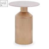 A sleek amira marble side table with a polished white marble top and a gold base for modern living spaces