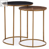 Amira nest of two gold tables with black and wood-toned tops and slender gold metal frames for stylish living rooms