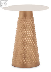 A sleek amira white end table with a hammered gold base and smooth white circular top perfect for any room