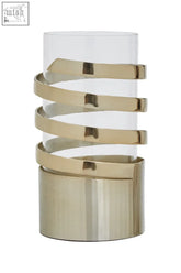 A sleek amreli small vertical textured gold candle holder with a clear glass cylinder and spiral gold metal bands