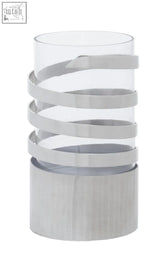 Clear glass amreli small vertical textured silver metal hurricane candle holder with spiraling silver bands
