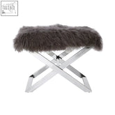 Anafi grey sheepskin stool with gray faux fur top and sleek chrome x-shaped metal base perfect as a grey sheepskin stool