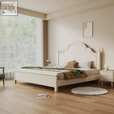 White wooden andrea king size bed with curved headboard cream upholstered mattress and storage in super king size