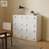 White minimalist andrea small sideboard with six cream drawers and square handles for compact storage