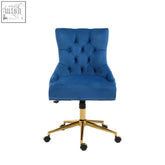 Anita blue velvet home office chair with tufted blue velvet upholstery and gold base with casters for mobility