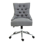 Gray tufted anita grey fabric home office chair with chrome finish base and black casters for comfort