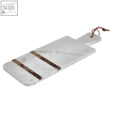 White marble paddle board with two brown forest marble stripes and leather loop handle for serving and display