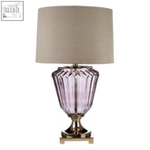 Elegant lavender annot glass table lamp with faceted ribbed glass and gold toned metal base and trim