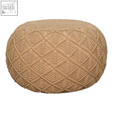 Ansley beige footstool macramé pouf with diamond-patterned woven design in soft beige for stylish seating or decor