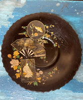 Dark brown papier-mâché black lacquer plate tray with gold floral fan and figure designs antique 19th century chinoiserie
