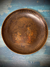 Antique 19th c black lacquer papier-mâché plate tray with gold leaf border and painted garden scene