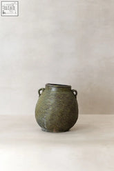 Antique earthenware preserve pot with green patina ceramic and looped handles from the river region