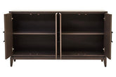 Dark brown wooden sideboard with two open doors and tapered legs in the dimaro 4-door antique grey style