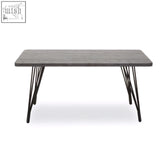 Modern gray concrete top dining table with sleek black metal hairpin legs anube dark grey veneer design