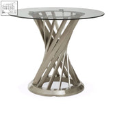 Modern round dining table with anzio clear glass tempered glass top and sleek silver hourglass base
