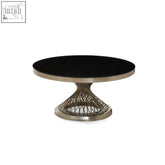 Black circular anzio coffee table with silver stainless steel base and intricate woven wire design