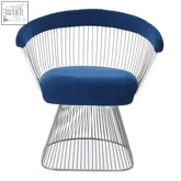 Anzio navy blue velvet chair with brushed silver wireframe base and plush blue velvet cushioned seat