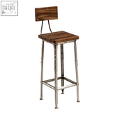 Apex industrial bar chair with rustic wooden seat and backrest and antique silver finish metal legs industrial style