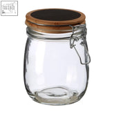 Clear glass storage jar with wooden lid and metal clasp perfect for kitchen glass storage and organizing