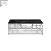 Aprilia black marble coffee table featuring a sleek geometric metal frame and a black marble top surface