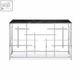 Silver metal aprilia black marble console table with geometric lattice base and black marble console top