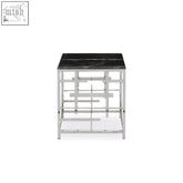 Modern aprilia black marble side table with sleek black marble top and polished square chrome metal frame