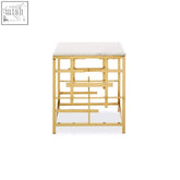 Gold-finished metal side table with aprilia white marble top and geometric lattice design for stylish living spaces