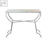 Silver stainless steel arbus console table with rectangular glass top in white beige and pale pink gradient hues
