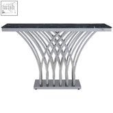 Arenza black marble console table with sleek black marble top and curved chrome metal base for modern spaces