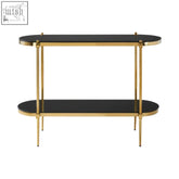Gold-framed arezzo 2 tier console table with black tempered glass oval shelves for stylish storage and display