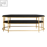 Arezzo black tempered glass coffee table with gold-toned metal frame and two octagonal black tempered glass shelves