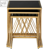 Arezzo gold and black set of 3 nesting tables with gold metal frames and black tempered glass tops