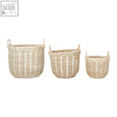 Set of three argento whitewash rattan storage baskets with handles made of natural woven wicker for versatile storage