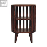 Dark brown mango wood ariella double shelf chestnut bedside table with vertical slats and two shelves