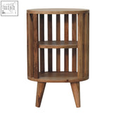 Ariella double shelf bedside table with three tiers and vertical slats in natural mango wood finish