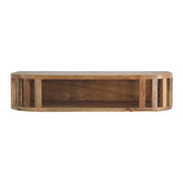 Ariella floating console table with rustic oval wooden design natural finish and vertical slat sides for media storage