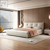 Modern beige leather arjun king size superking size bed with tufted headboard and matching platform base