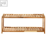 Arla 2 tier walnut wood shoe rack with light brown bamboo lattice design and two tier design for shoes