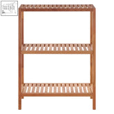 Light brown walnut wood three tier shelf unit with slatted shelves for bathroom storage
