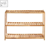 Light brown walnut wood shoe rack with three tiers and lattice design perfect for organizing shoes