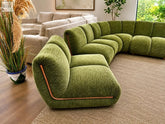 Vibrant olive-green arlington modular corner sofa with plush rounded cushions and copper-toned trim on seams