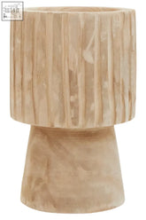 Arlo engraved wooden vase in light beige with vertical grooves and a tapered base, a stylish wooden vase