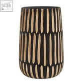Arlo large natural and black wooden vase with a black and beige striped ceramic cylindrical shape wooden vase